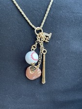 Baseball Softball Charm Necklace Adjustable Gold Tone With Ball Bat Glove 1
