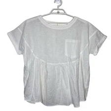 LAVALON White Peasant Blouse Linen Blend Oversized Boxy Boho Peplum Key Hole L