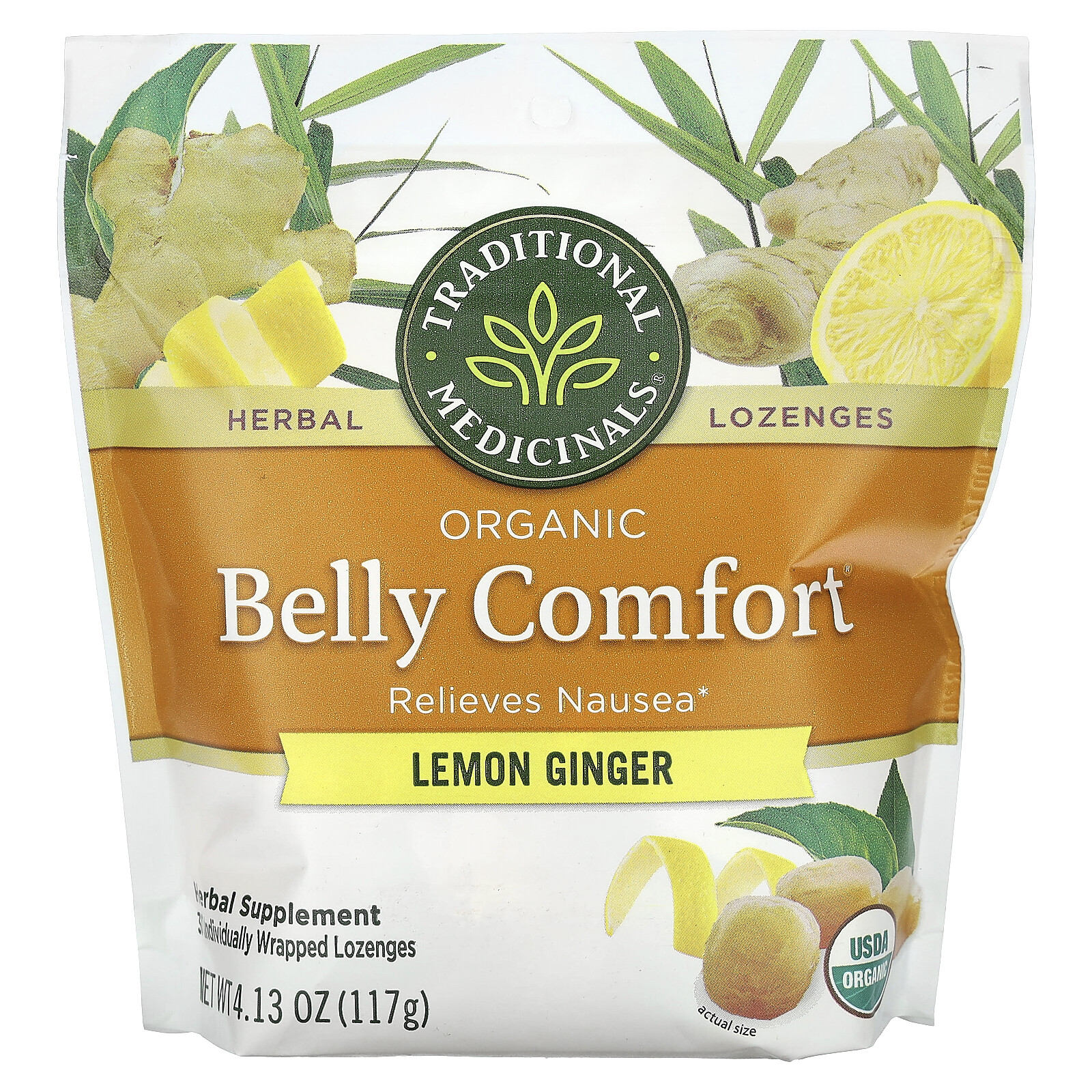 Organic Belly Comfort, Лимонно-имбирный, 30 пастилок в индивидуальной упаковке, 4,13 унции