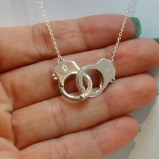 Working Handcuffs Necklace - 925 Sterling Silver -Cop Police Grey Gray Love Open