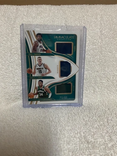 2023-24 Panini Immaculate Collection Triple Jersey Card Embid Jokic Giannis