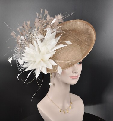 Taupe W White Feather Flowers Fascinator Hat Kentucky Derby  display picture 1
