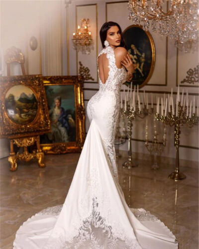 Sexy Mermaid Wedding Dresses Halter Neck Sleeveless Lace Applique Bridal Gowns - Picture 4 of 8