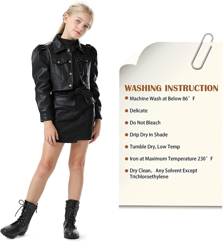 Mini faldas de cuero con cinturón y hebilla de cinta con letras para niñas pequeñas (negras, 3-4T) Foto 3 de 4