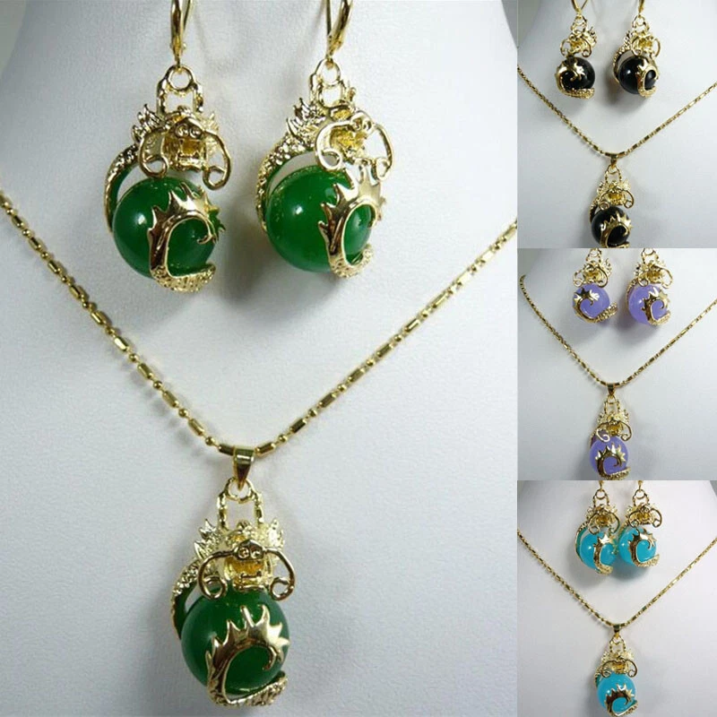 Women Ladies Jade Necklace Earrings Statement Jewellery Set Wedding Fashion Gift