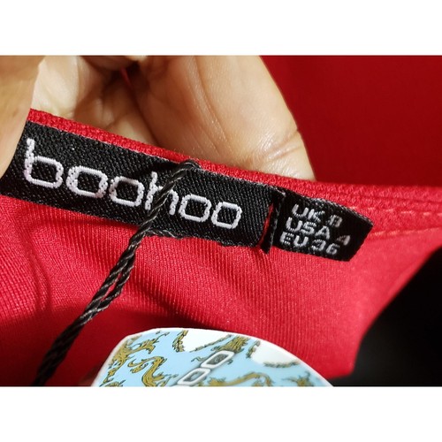 Boohoo Skater Dress Women's 4 Red Bust Detail Blouson Sleeve Crew Neck Pullover - Picture 2 of 13