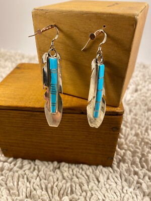  Native American Zuni Handmade Signed Sterling Turquoise Inlay Feather Earrings