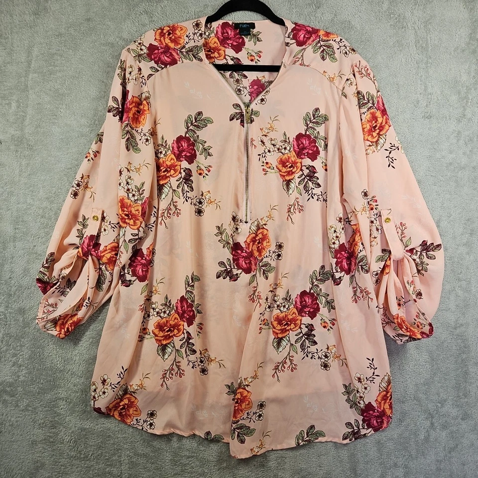 Hermosa Blusa Rue 21 Mujer Floral Rosa Media Cremallera Pestaña Mangas Rodantes Fluida Talla 3X Foto 2 de 4