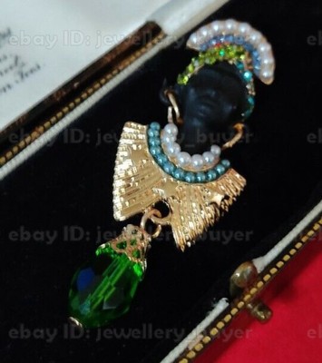 Vintage Art Deco Stil Brosche Blackamoor goldfarben grün Kristall Afrikanische Königin