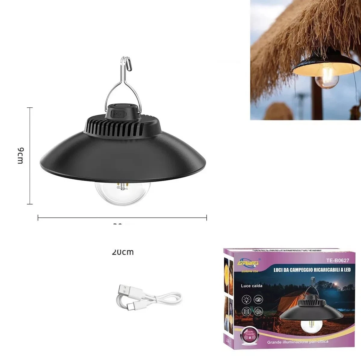 Stringa Di Luci Solari Da Campeggio TuoPuLife, 130 LED, Con Lanterna Integrata, Ricaricabile USB E Solare, Impermeabile, 5 Modalità - 2