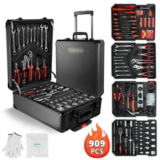 909PCS Tool Set with Aluminum Trolley Case Silver Mechanics Hand Tools Kit