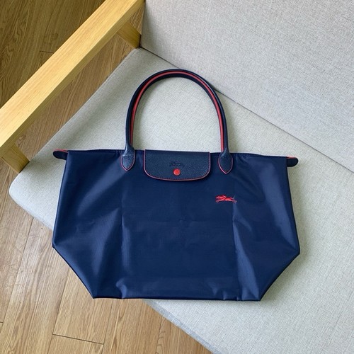 Longchamp Navy Tote Bag Zip Snap Double Handles Silver Hardware Logo
