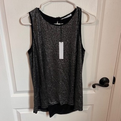 THREE EIGHTY TWO Black Silver Sequin Mesh Sleeveless Tank Top Blouse Top M NWT