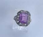 Art Deco Rectangle Purple Paste Chromed Silvertone Filigree Band Ring Sz 5 1/2