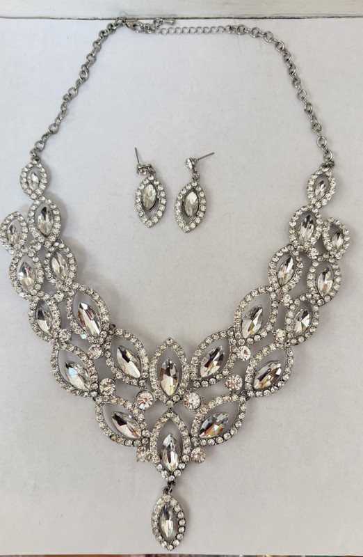 Sparkly Boho Clear Crystal Teardrop Filigree Leaf Necklace and Earrings Set