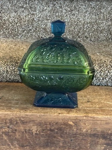 Vintage Jeanette Glass Acorns And Oak Leaves CANDY DISH Blue & Green