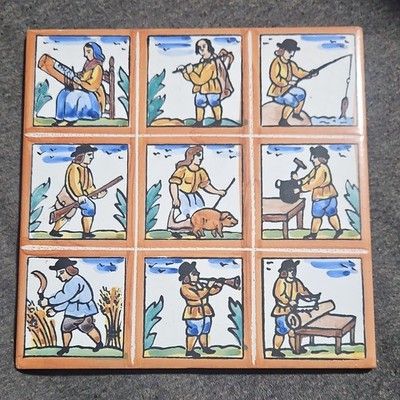 Hand Painted Ceramic Art Glazed Multicolor Traditional People Tile Set of 9