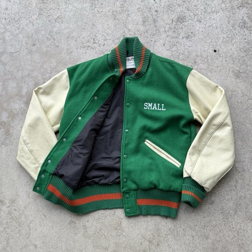 Vintage DeLONG Green Wool Letterman Jacket Snap Cream Leather Sleeves Sz Small - Picture 1 of 8