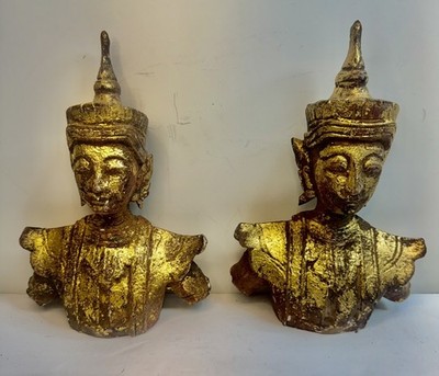 PAIR Antique Buddha Hand Carved Burmese Mandalay Gold Gilt Wood Temple Myanmar