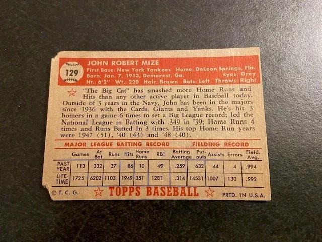 Topps Johhny Mize #129 1952 espalda roja usado, original Foto 2 de 4