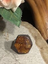 30. Vintage 925 Sterling Silver Hexagon Honey Amber Large Ring 6.75-7s, 9.4g
