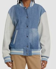 $650 Eb Denim Women's Ivory Denim & Leather Varsity Jacket Size Xs