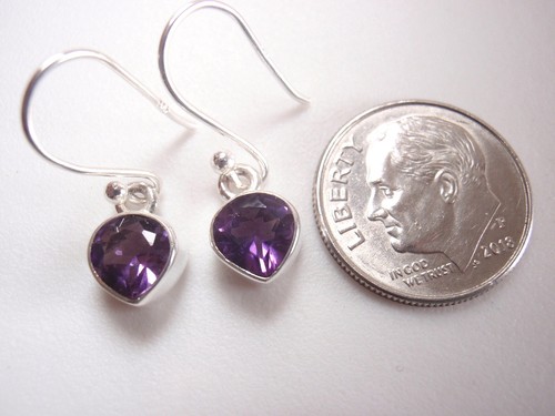 Very Small Faceted Amethyst Heart Shaped 925 Sterling Silver Dangle Earrings - Picture 2 of 5