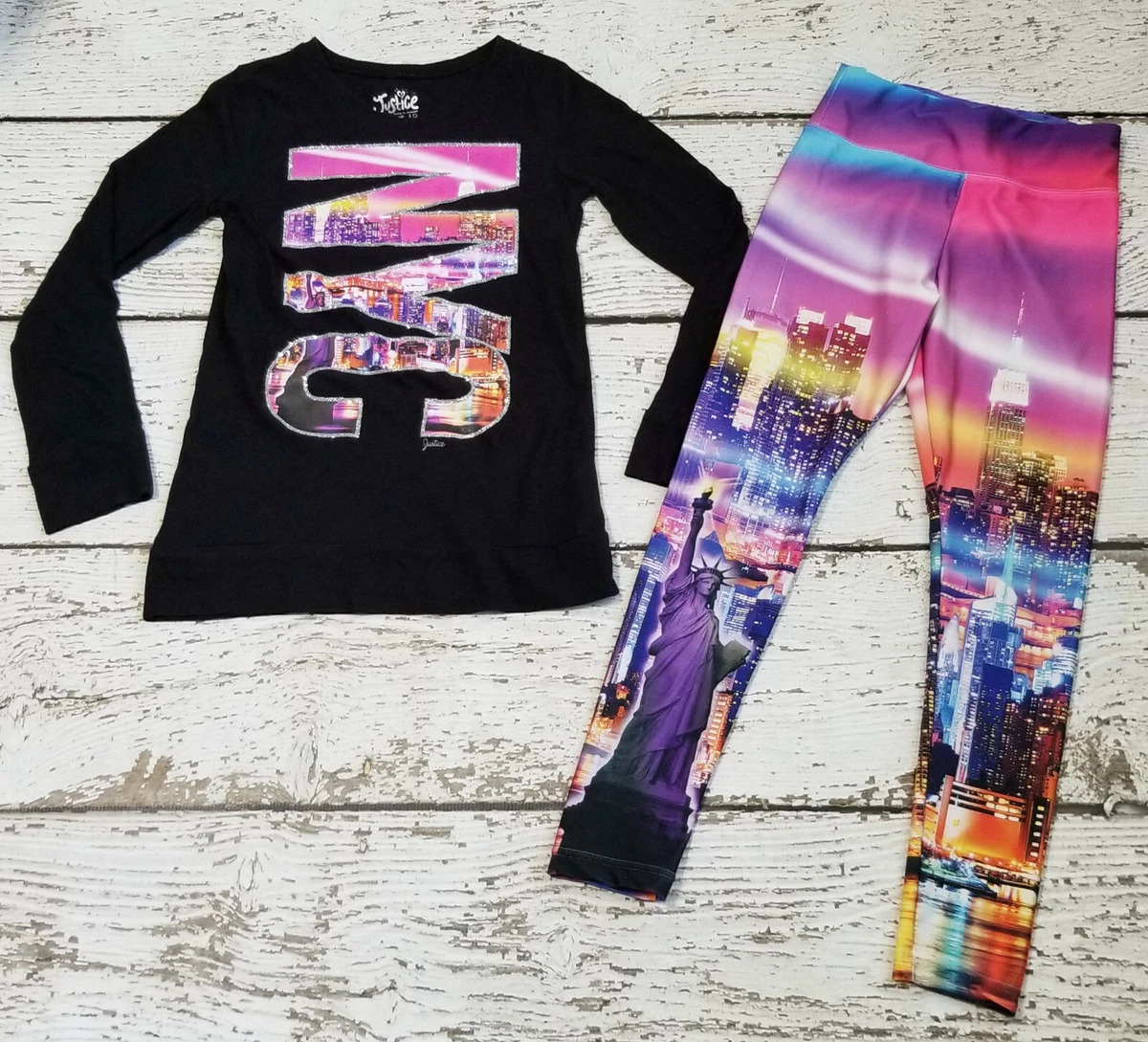 JUSTICE 10 Girls Black New York NYC Long Sleeve Tee and Printed Leggings  VGUC