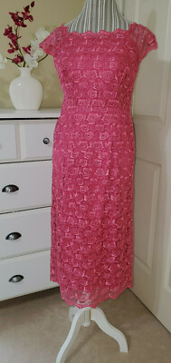 Womens Handmade Pink Rose Floral Lace Pencil Bodycon Cocktail Midi Dress Sz.4-6