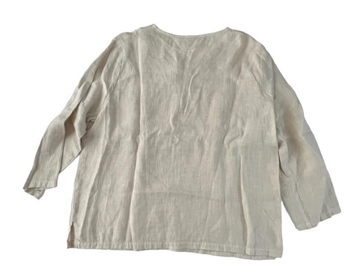 Hot Cotton Top Women's Large Beige V-neck Linen Embellished Long Sleeve Boxy - Picture 18 of 18
