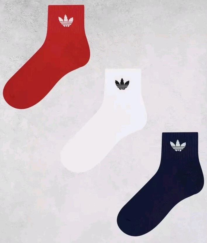Adidas Originals 3 pack Trefoil Ankle Crew socks Red White Blue Medium 6.5-8 UK