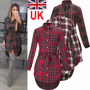 Womens Check Shirt  Blouse Ladies Long  Sleeve  Plaid Tartan 