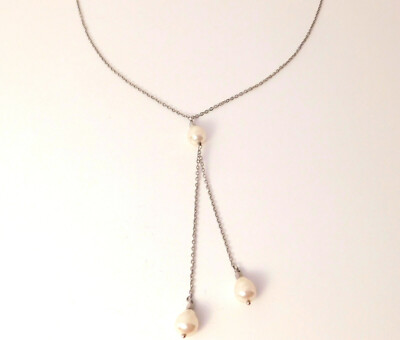 8mm Freshwater Teardrop Pearl Drop Necklace on 15'' Silvertone Chain; Very Good