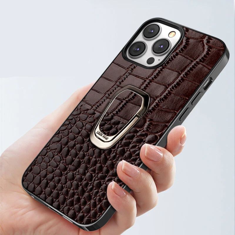 Funda de Cuero Genuino para iPhone 14 Pro Max 13 Retro Anillo de Cocodrilo Soporte Cubierta Foto 2 de 4