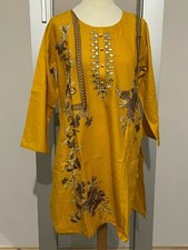 Ladies gold Embroidered kurta Pakistani Indian Kurti Shirt frock style cotton