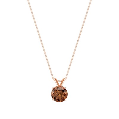 1.50 Ct Round Cut Brown Solid Real 14K Rose Gold Solitaire Pendant 18'' Necklace