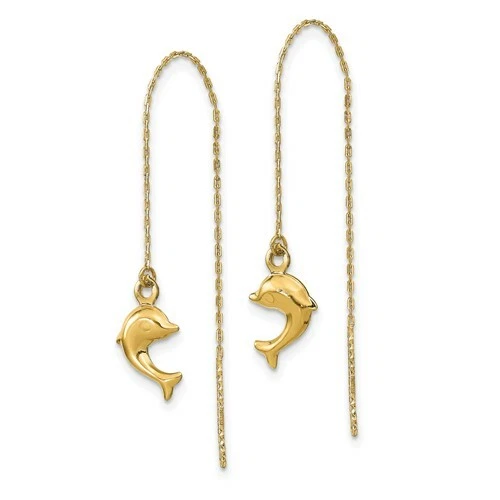 14k Yellow Gold Dangle Petite Dainty Drop Puffed Dolphin Fine Threader Earrings - Image 3 of 4