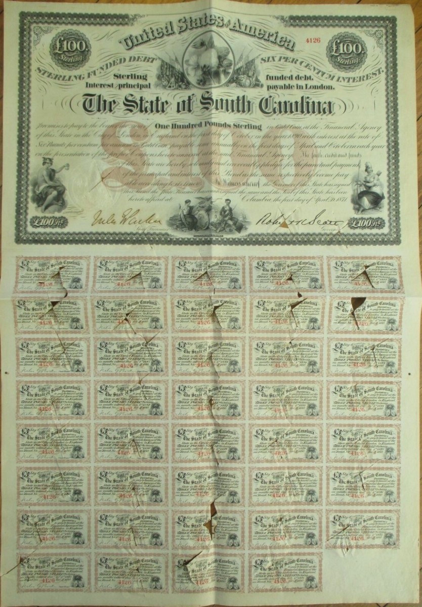 south carolina tobacco tax bond South Carolina 1871 Giant Bond Certificate, 100 Pounds, Cotton Vignette, SC
