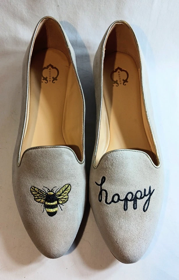 C. Wonder Celeste Bee Happy Wm's 8M Bordado Gamuza Planos Sin Cordones Beige Dorado Foto 3 de 4