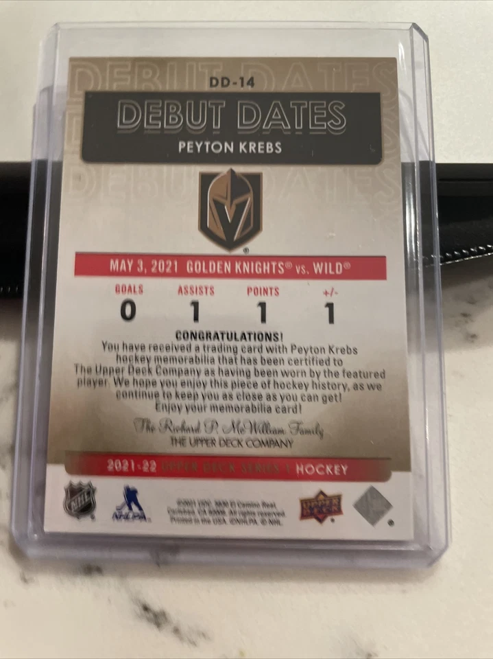 2021-22 Upper Deck series 1 Peyton Krebs Debut Dates Gold Jersey Patch DD-14 - Image 2 of 2