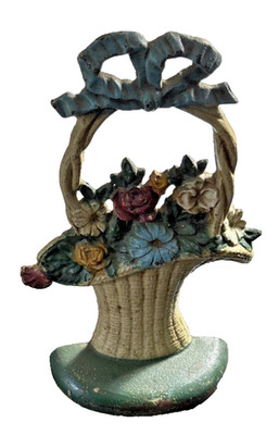 Vintage John Wright Cast Iron Floral Basket Doorstop