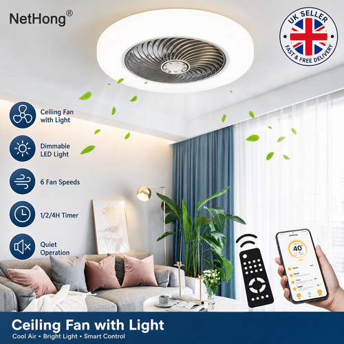 Large LED Ceiling Fan with Lighting LED Light Adjustable Wind  Remote 6 Speed~