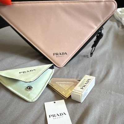 PRADA Beauty Triangle Gold Compact Makeup Mirror w/ Pouch, Portable Metal