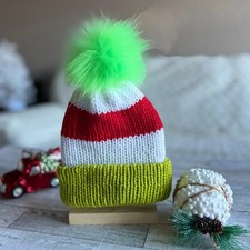 Christmas Colored Beanie hat with faux fur pompom, red-white- lime green