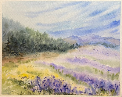 Original Watercolor Painting Nature Landscape Mountains Flowers - 8x10 inches