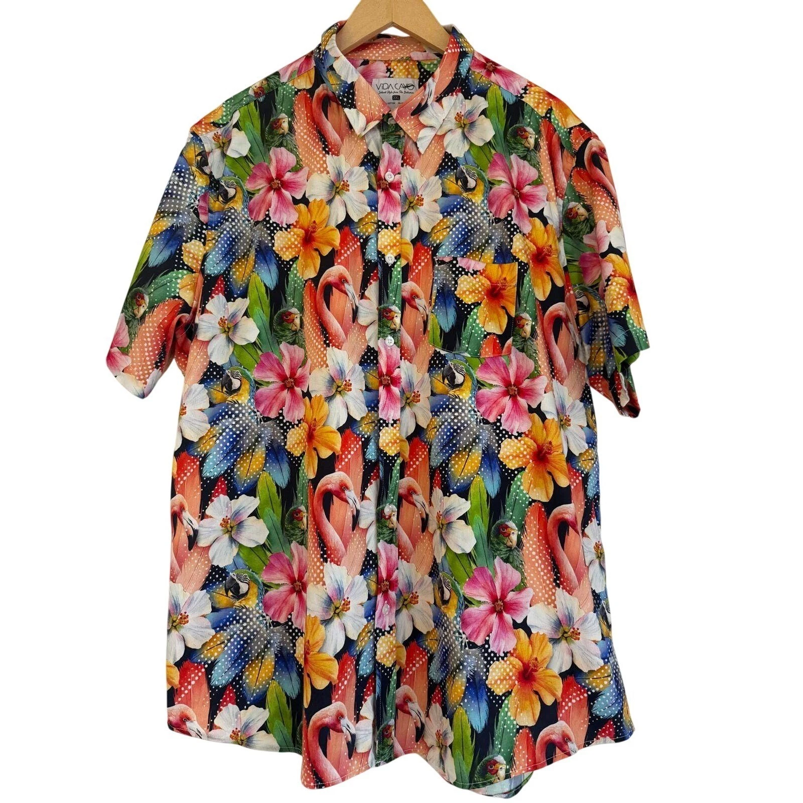 Vida Cayo Bahamas Tropical Shirt 3XL Mens Flamingo Parrot Hibiscus Cotton Blend