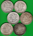 6 MORGAN .9000 SILVER $1.00/DOLLARS, 1878 1898 1900 1901-O 1921 1921-S, VG/AU.: