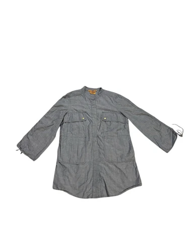 Abito camicia Tory Burch Chambray blu denim chiaro taglia 4 bottoni oro manica a rotolo