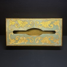 Hollywood Regency Gold Aqua Italian Florentine Tissue Box Gilt Chippy Vtg 60s