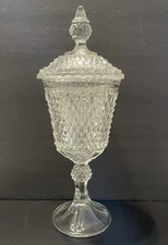 Vintage Indiana Tiara Clear Glass Diamond Point Compote Apothecary Jar with Lid